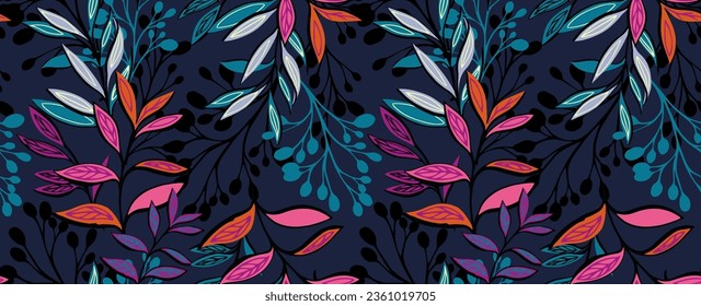 Fondo artístico ornamentado sin fisuras con patrón abstracto, moderno, colorido de hojas y ramas. El esbozo dibujado a mano vectora deja fondo. Plantilla para diseño, textil, de moda, de impresión