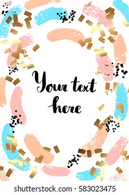 Artistic oval frame with hand drawn, gold texture, brush strokes, geometric shapes and elements.