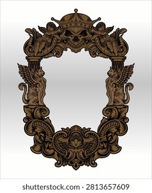 Artistic oval frame with ornaments of skulls, cherubs, and winged mythological creatures. Detailed classic baroque style carving design for dark, gothic decor, or luxury poster art. Vector.