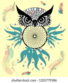 Artistic owl with Dreamcatcher. Graphic arts dotwork.