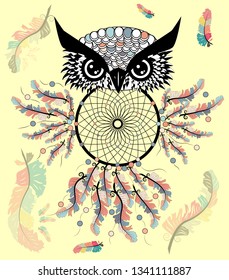 Artistic owl with Dreamcatcher. Graphic arts dotwork.