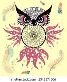 Artistic owl with Dreamcatcher. Graphic arts dotwork.
