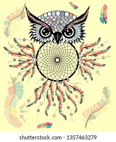 Artistic owl with Dreamcatcher. Graphic arts dotwork.