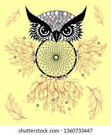 Artistic owl with Dreamcatcher. Graphic arts, dotwork