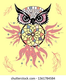 Artistic owl with Dreamcatcher. Graphic arts, dotwork