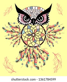 Artistic owl with Dreamcatcher. Graphic arts, dotwork