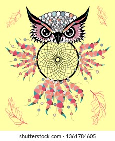 Artistic owl with Dreamcatcher. Graphic arts, dotwork