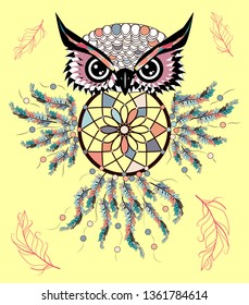 Artistic owl with Dreamcatcher. Graphic arts, dotwork