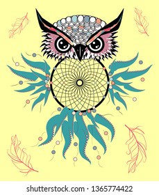 Artistic owl with Dreamcatcher. Graphic arts, dotwork