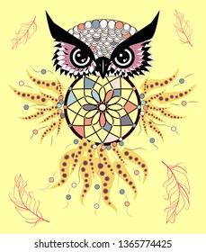 Artistic owl with Dreamcatcher. Graphic arts, dotwork