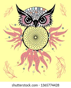 Artistic owl with Dreamcatcher. Graphic arts, dotwork