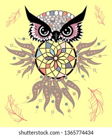 Artistic owl with Dreamcatcher. Graphic arts, dotwork
