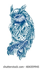 Artistic owl with Dreamcatcher. Graphic arts, dotwork