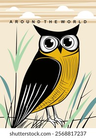 Artistic owl illustration with large expressive eyes in natural setting and travel theme. Wildlife concept
