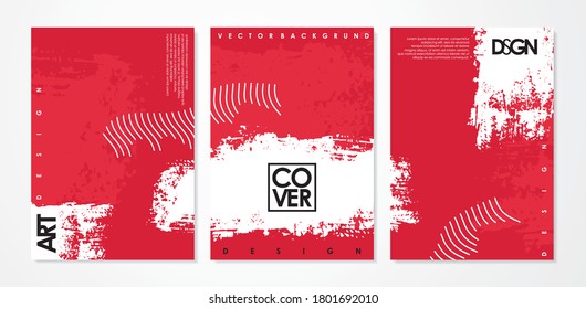 Artistic page design set with white brush texture on red background. Vector document illustration.