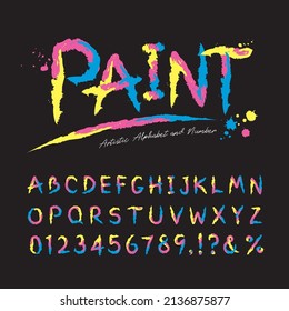 Artistic paint brush alphabet and number set. Multicolor brushy font or typography. Trendy handwritten font for headline title, poster, t-shirt, graphic layout, print, advertising, banner, etc.