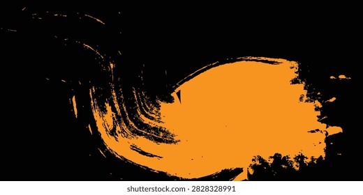 Artistic paint splatter background with orange and purple brush strokes on black wall.