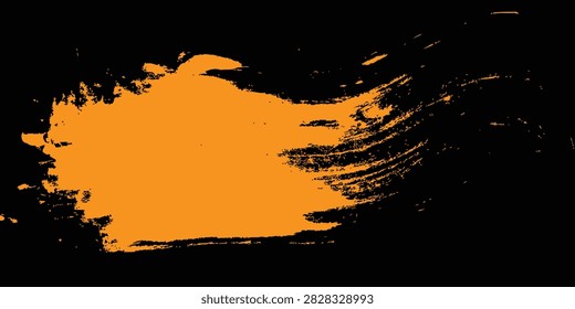 Artistic paint splatter background with orange and purple brush strokes on black wall.