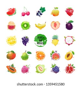 Artistic paint style set of fruits and berries illustrations isolated on a white background.