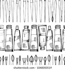 Artistic paintbrushes and paints. Vector seamless pattern