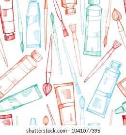 Artistic paintbrushes and paints. Vector seamless pattern