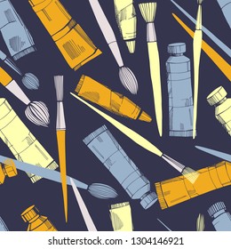 Artistic paintbrushes and paints.  Vector  seamless pattern