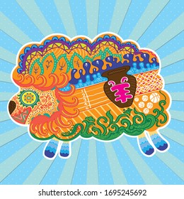 Artistic painted sheep, Totem symbolizing vitality and health. Chinese character is sheep