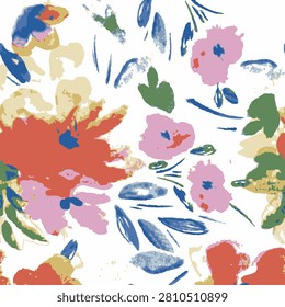 Artistic Painterly Floral Pattern with Abstract Blossoms and Expressive Botanical Brushstrokes, Seamless pattern for textile prints on fabric and wallpaper.