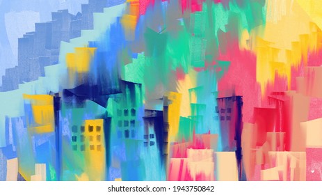 Artistic painting of abstract skyscrapers. Colored cityscape. art brush strokes of paint. Freehand painting on canvas. Artistic colorful stripes. Spots of paint. Trend contemporary art.