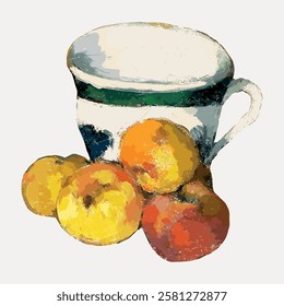 Artistic painting of a cup with fruit. The cup is surrounded by apples and oranges. Fruit and cup create a colorful, textured composition. Still life with fruit. Vintage fruit illustrations vector.