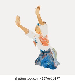 Artistic painting of a dancer in motion. The dancer's pose captures movement. The dancer's colorful attire adds vibrancy to the painting of the dancer. Vintage woman illustration isolated, vector.