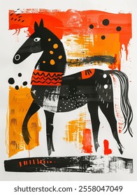 Artistic painting of majestic black horse, beauty of this powerful working animal. 2026 Year of the Horse vector poster. Magnificent black horse