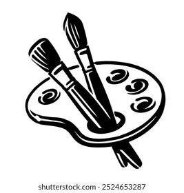 Artistic palette with brushes and paints. School art painting emblem or symbol. Hand drawn vector illustration