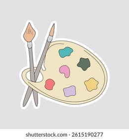 Artistic Palette and Brushes Vector Sticker. A colorful vector illustration sticker featuring an artist's palette with six paint blobs and two paintbrushes, perfect for creative projects