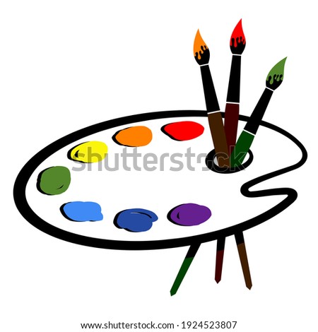 Artistic palette with paint and brushes. Vector illustration.