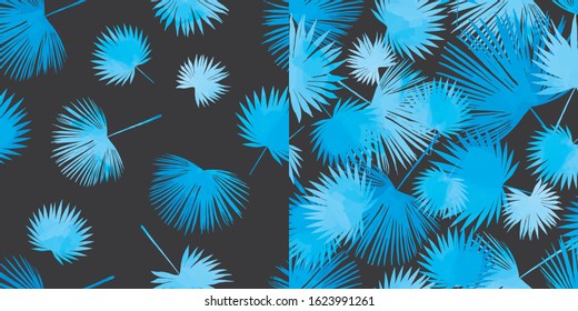 Artistic palm pattern. Leaves, herbs seamless backgrounds set, blue tropic texture