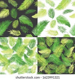 Artistic palm seamless patterns set. Leaves, herbs backgrounds, drawn backdrops, green grass tropic textures
