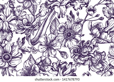 Artistic pattern with anemone, iris japonica, sakura