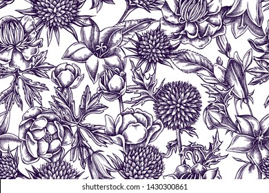 Artistic pattern with bellflower, globethistle, globeflower