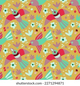 Artistic pattern with birds and flowers. Yellow background. Spring, summer. Pink, carmine, mint, and lilac. Beige background. It can be used for textiles, fashion, wallpaper, wrapping paper, notebooks