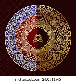 Artistic pattern in a circle in two color options. Gold border. Template for decorating ceramic, porcelain, wooden, metal products.