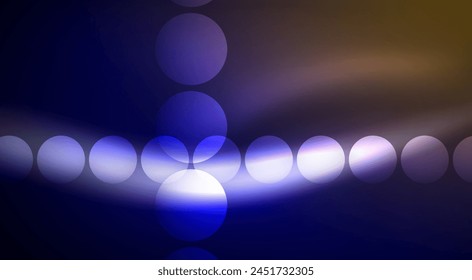 An artistic pattern of electric blue and violet circles resembling a lens flare on a dark blue background, reminiscent of the sky and water