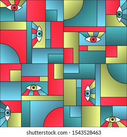 Artistic pattern with eyes in geometric shapes grid scandinavian fashion retro textile print. Modern background design. Open eyes bauhaus geometric seamless pattern. Interior vector design.