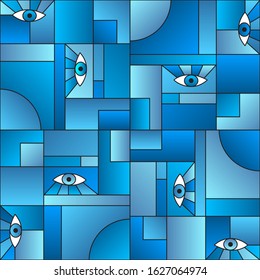 Artistic pattern with eyes in geometric shapes grid 80s and 90s vintage fashion fabric print. Modern background design. Open eyes bauhaus geometric seamless pattern. Interior vector design.