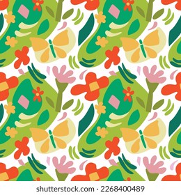 Artistic pattern with flowers, butterfly, squares and abstract elements. Spring, summer. Red, green, pink, yellow. It can be used for textiles, fashion, wallpaper, wrapping paper, notebooks