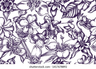 Artistic pattern with impatiens, tigridia, aquilegia