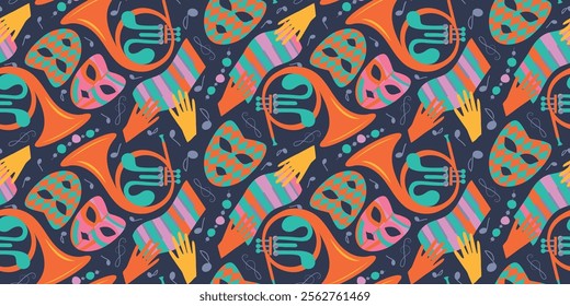 An artistic pattern on the dark background with trombone for the Party or Сoncert holiday. Carnival masks, abstract forms. For fabric, textiles, wrapping paper, postcards, theater poster.