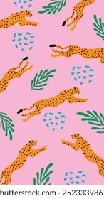 an artistic pattern of orange leopards with black spots on a pink background, accompanied by green leaves and small abstract shapes, creating a vibrant and energetic design.