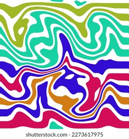 An artistic pattern in a psychedelic style with Optical Illusion Effect. Fluid Stripes. Waves, colored streaks. Сarmine, Blue, Mint,  Green. For textiles, fashion, wallpaper, wrapping paper, notebooks