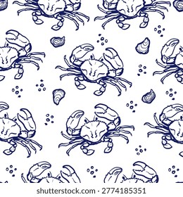 Artistic pattern showcasing hand-drawn crabs and seashells in blue, ideal for nautical-themed designs or Mediterranean decor.